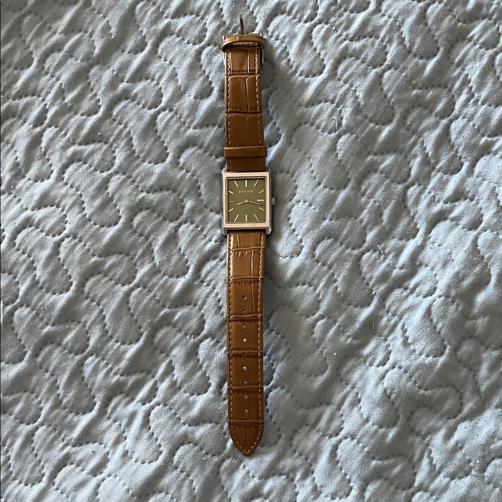 BREDA Men's Tan Leather Strap Watch with Olive Dial - Rectangular Case - Picture 3 of 3